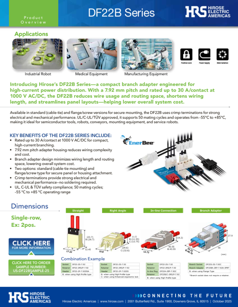 Hirose DF22B Series product overview showing high-current branch adapter applications, key benefits, 30A/contact rating, 7.92 mm pitch, dimensions, and connection style
